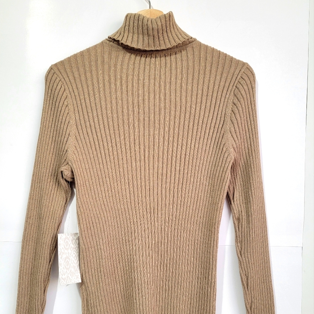 Chico's turtleneck lurex lib detail sweater ls basic taupe Shimmer